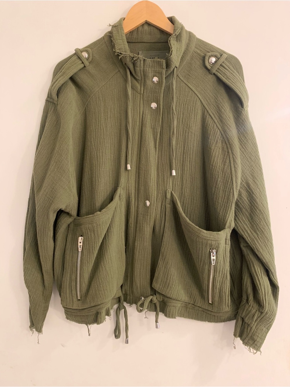 Women's Olive Green Drawstring Cotton Bomber Jacket with High Neck | Size Small